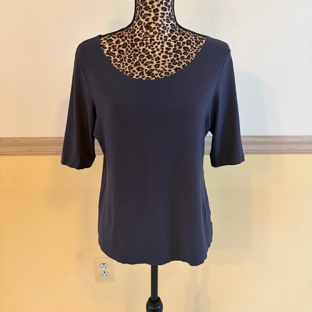 Eileen‎ Fisher Women's Navy Blue Plain Short Sleeve Scoop Neck Top Size Medium